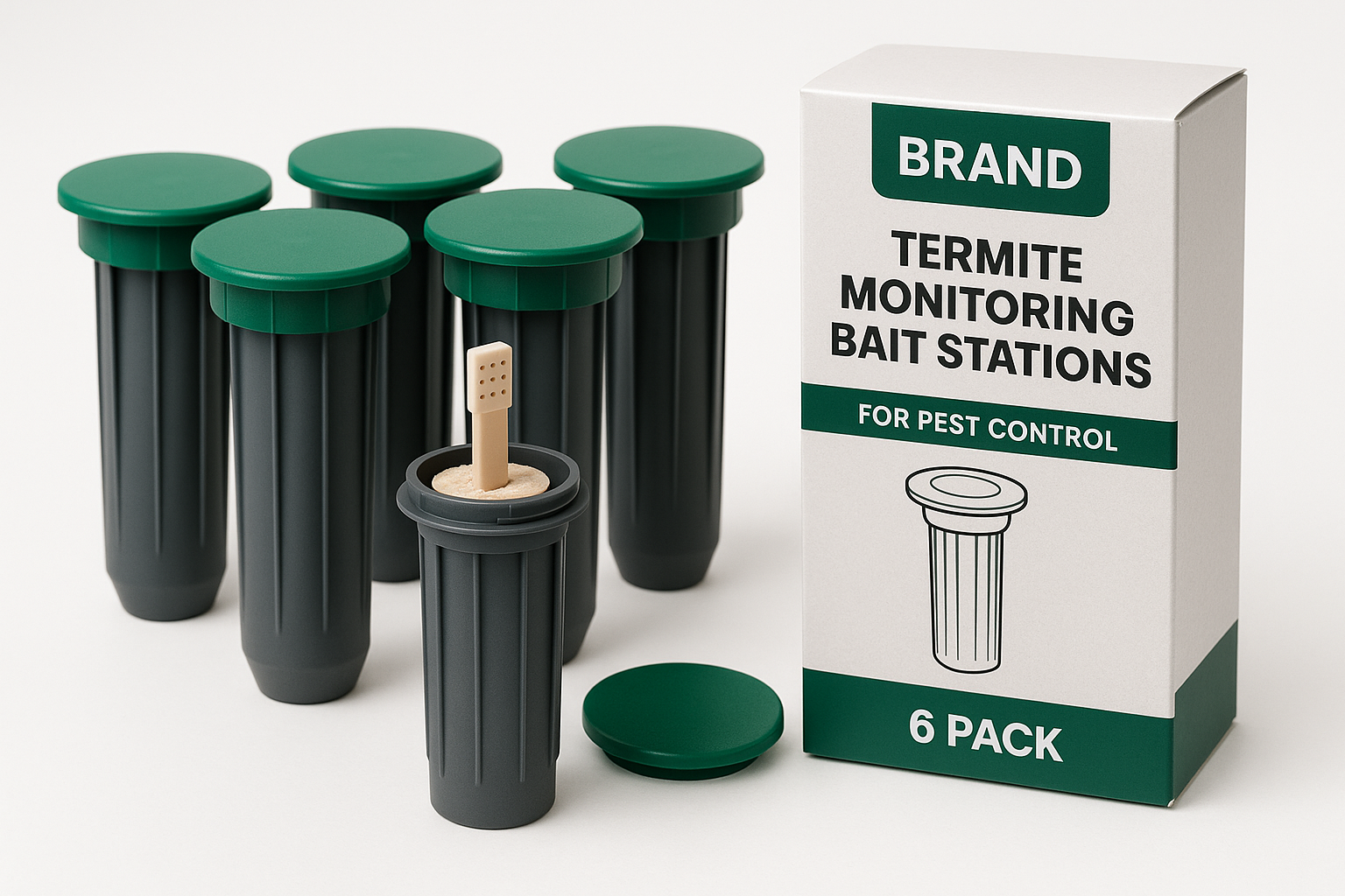 Title: Termite Monitoring Bait Stations (6-Pack)
Description: In-ground bait stations used to monitor and detect subterranean termite activity early. Each station includes cellulose bait and inspection indicator.
